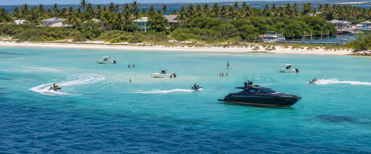 Small boats and swimmers in shallow water off a shoreline of houses and palms - illustrative context