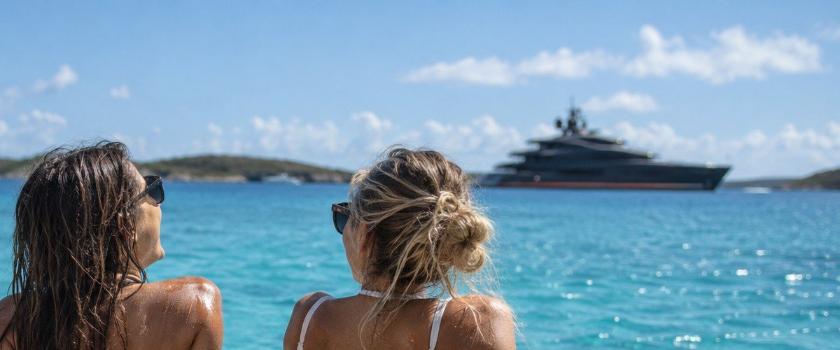 Two people seen from behind looking out over clear blue water, a large dark yacht offshore - illustrative context