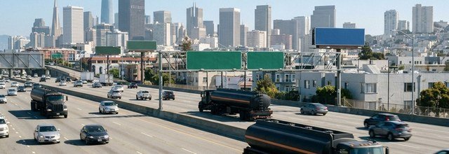 Dark tanker trucks among cars on a wide freeway in daylight, a city skyline behind - illustrative context