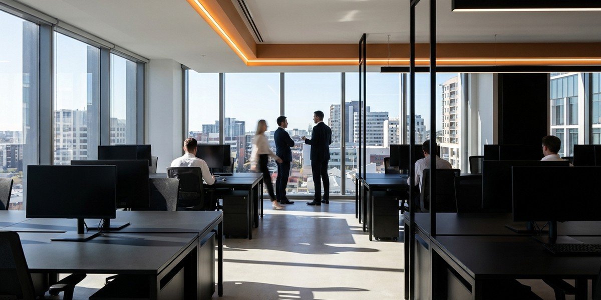 People talking by tall windows in a sunlit open-plan office with dark desks - illustrative context