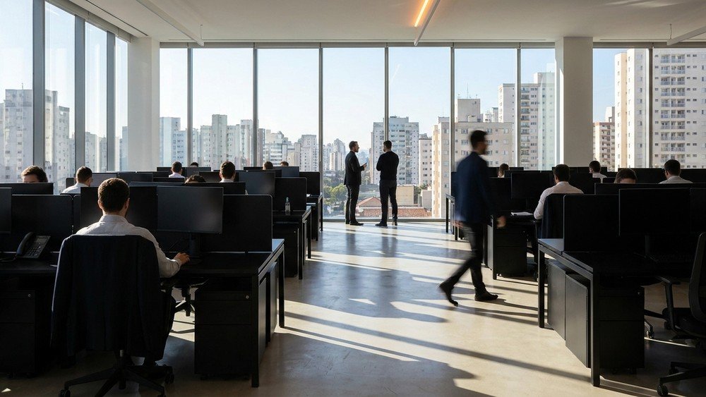 A bright open office with people at desks and floor-to-ceiling windows - illustrative context