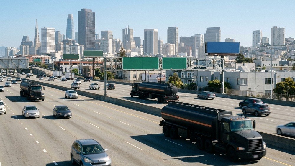 Dark tanker trucks among cars on a wide freeway in daylight, a city skyline behind - illustrative context