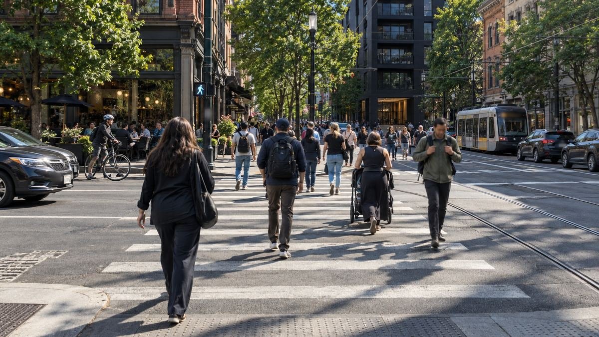 People crossing a wide crosswalk on a tree-lined street in daylight, a dark mid-rise building down the block - illustrative context