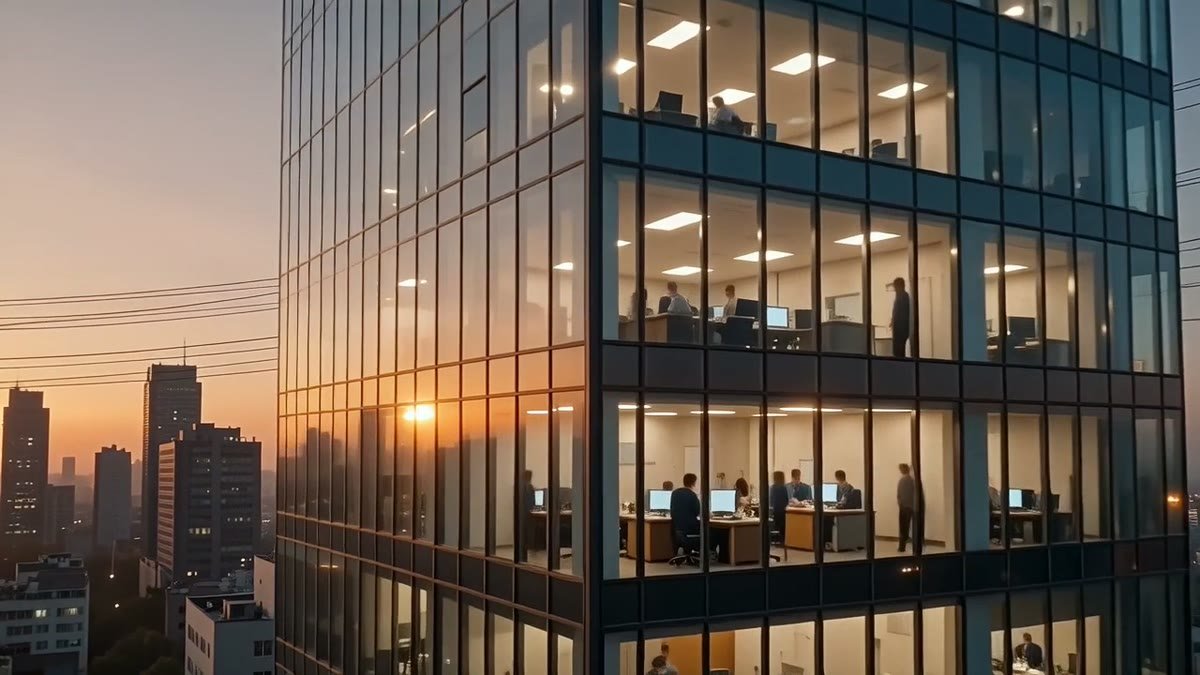 Glass office tower at sunset with lit interior floors - illustrative context