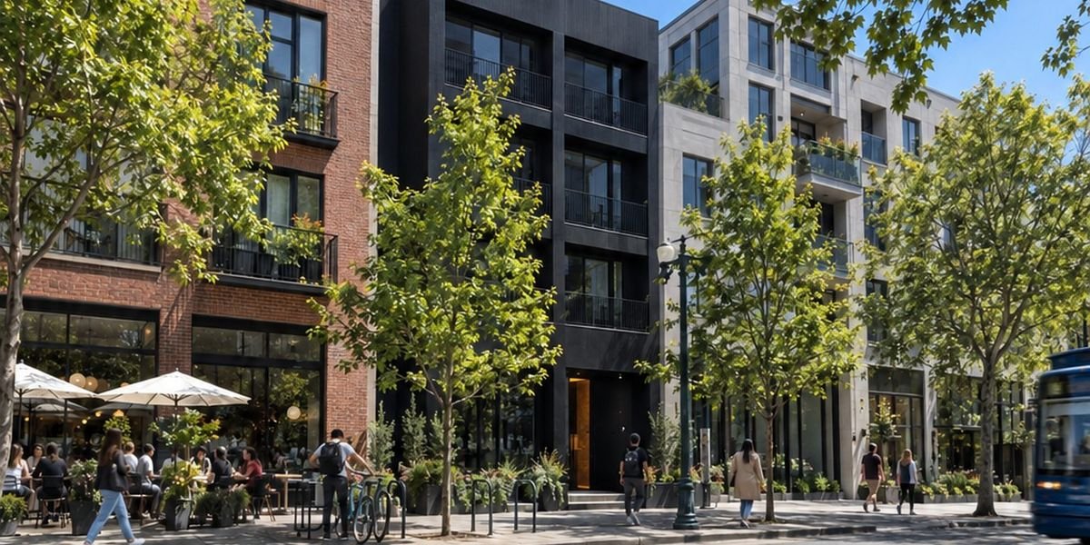 A blacked-out mid-rise on a tree-lined street in midday sun, people at cafe tables and crossing in front - illustrative context
